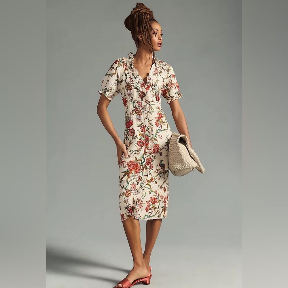 Anthropologie Cream Floral Midi Dress